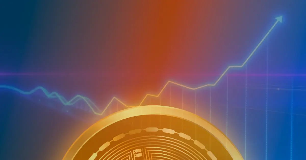 Gráfico ascendente em neon sobre fundo escuro representando a valorização do Bitcoin.