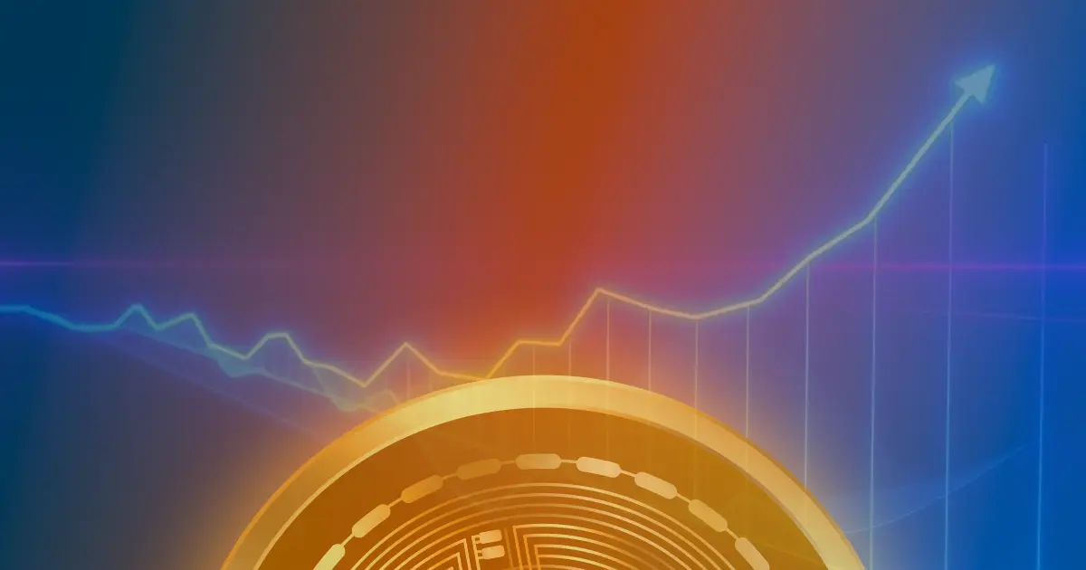 Gráfico ascendente brilhante do Bitcoin em tons de azul e roxo, representando uma valorização de 50% no preço.