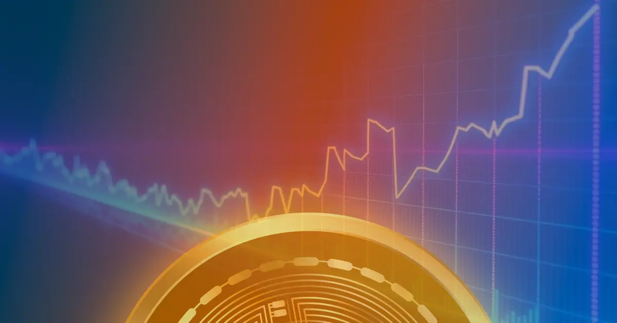 Gráfico ascendente em neon representando o crescimento recorde de 50% no preço do Bitcoin e o volume de US$ 1 trilhão em contratos futuros DeFi.