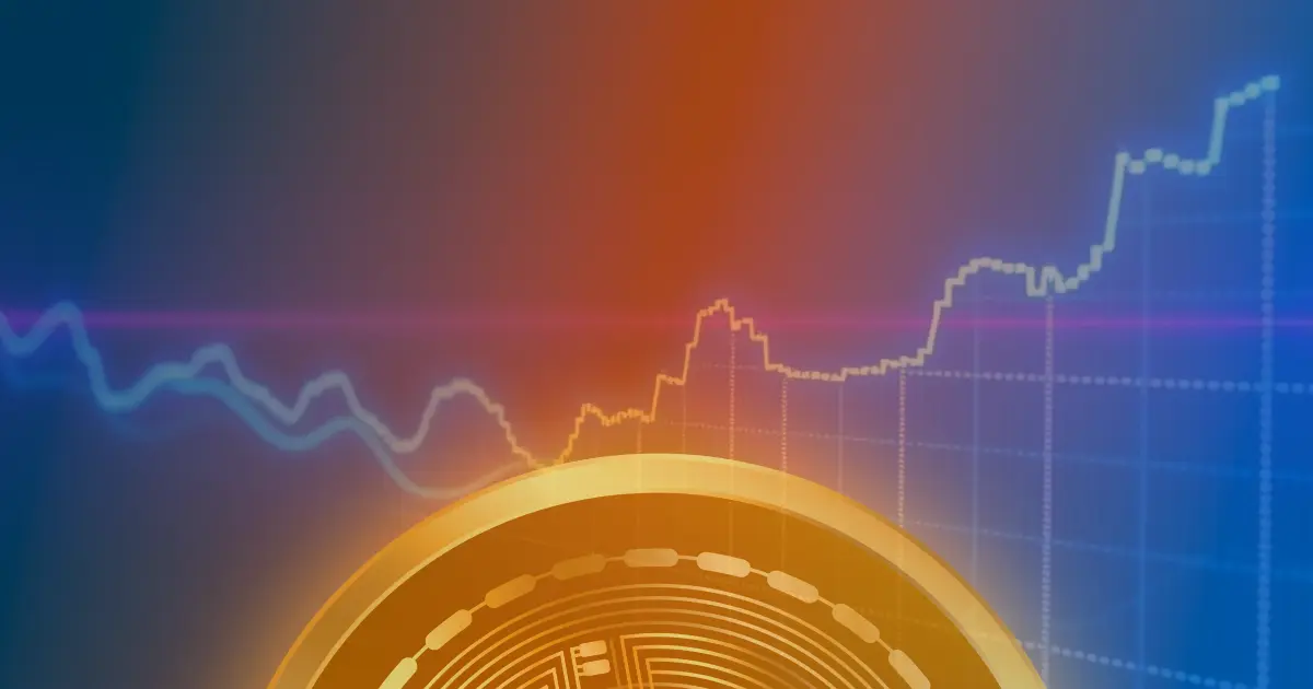 Gráfico em alta do preço do Bitcoin com cores neon sobre fundo escuro, representando a valorização de 50% mencionada no artigo.