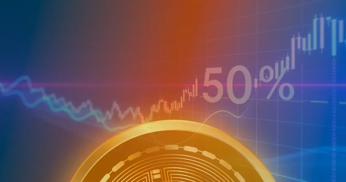 Gráfico em ascensão com linhas de neon azul e roxo representando o crescimento explosivo do preço da Dogecoin.