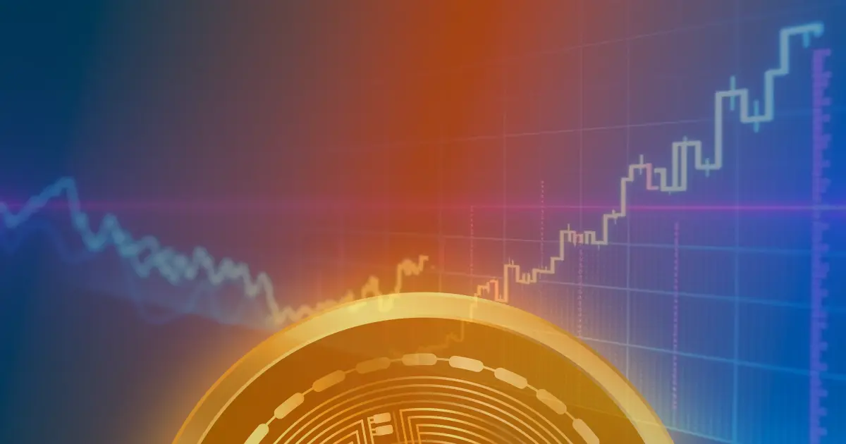 Gráfico ascendente do Bitcoin com linhas neon vibrantes sobre fundo escuro, representando a valorização de 50% após o encontro Trump e Xi.