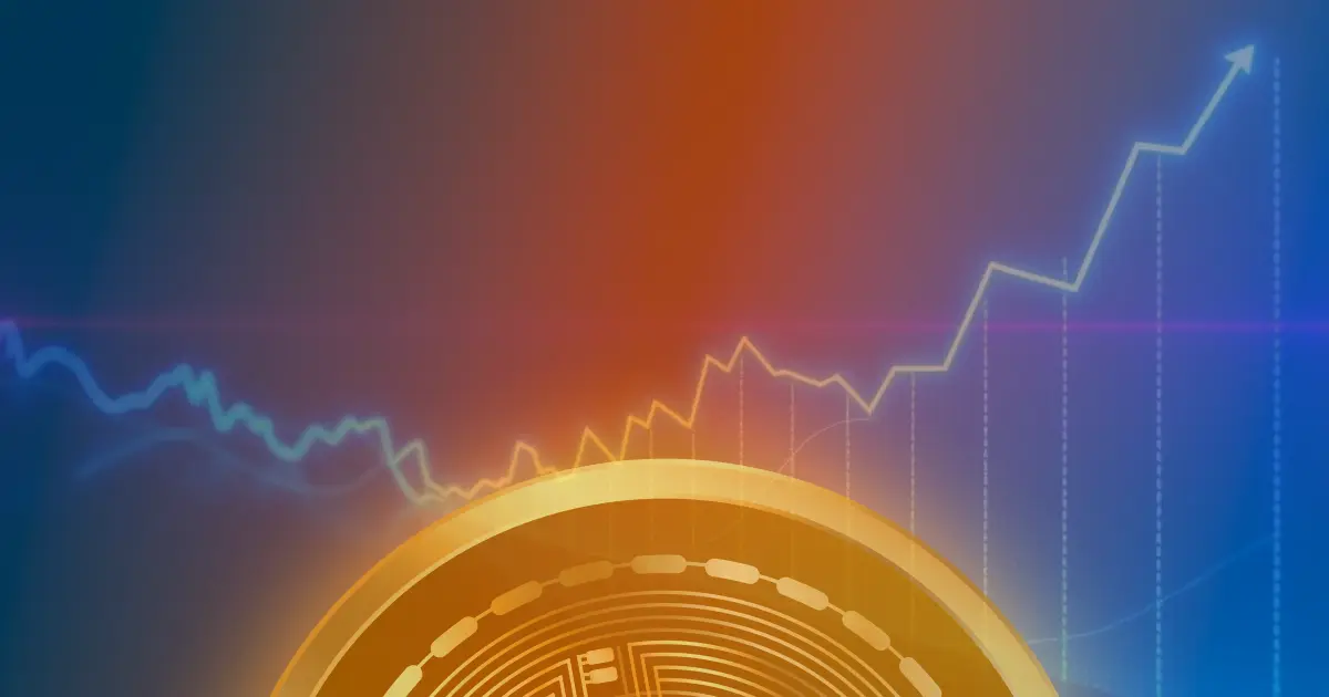 Gráfico ascendente do preço do Bitcoin em tons de azul e roxo neon, representando a valorização de 50% mencionada no artigo.