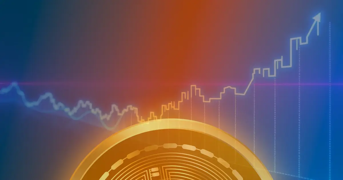 Gráfico ascendente do preço do Bitcoin com linhas de neon azul e roxo, representando a alta de 50% mencionada no artigo.