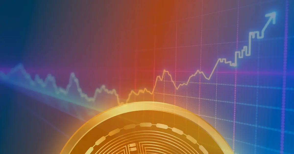 Gráfico ascendente luminoso representando a valorização do Bitcoin em tons de azul e roxo.