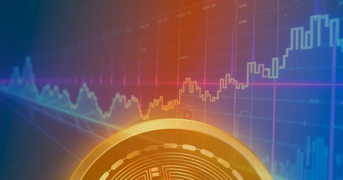 Gráfico abstrato do preço do Bitcoin subindo, com linhas neon azuis e roxas sobre fundo escuro.