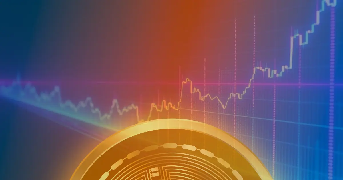 Gráfico ascendente brilhante em azul e roxo representando a alta de 50% no preço do Bitcoin.