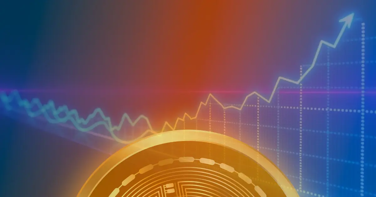 Gráfico ascendente do Bitcoin com linhas de néon azul e roxo sobre fundo escuro, representando alta no preço.