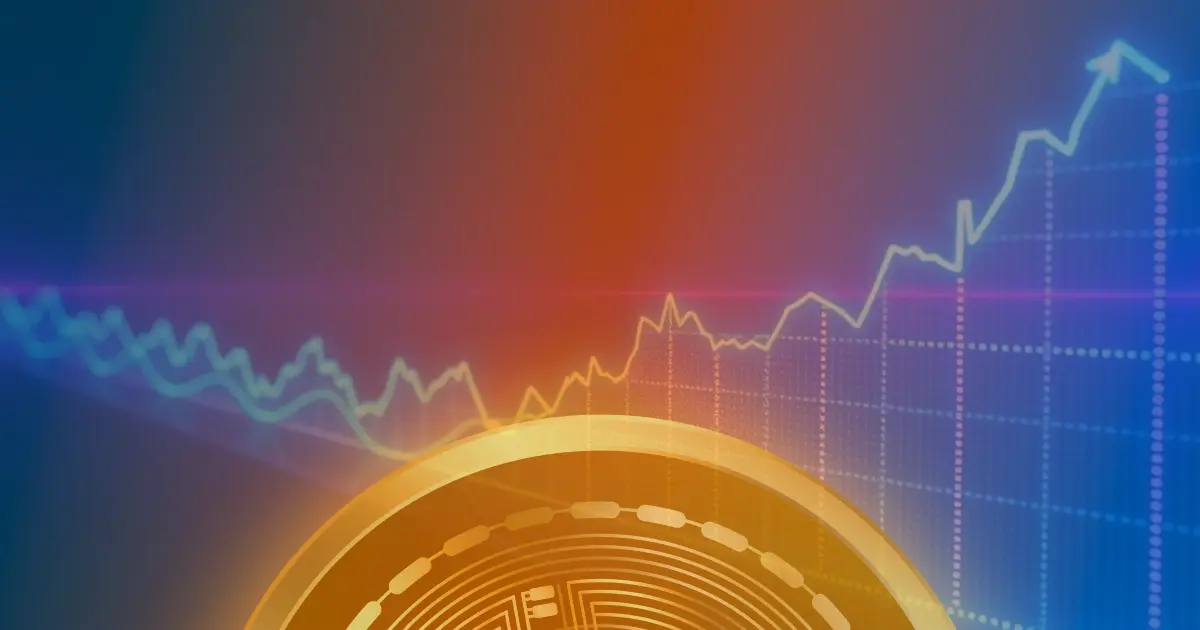 Gráfico ascendente do Bitcoin em cores neon azul e roxo, representando o conceito de valorização de criptomoedas.