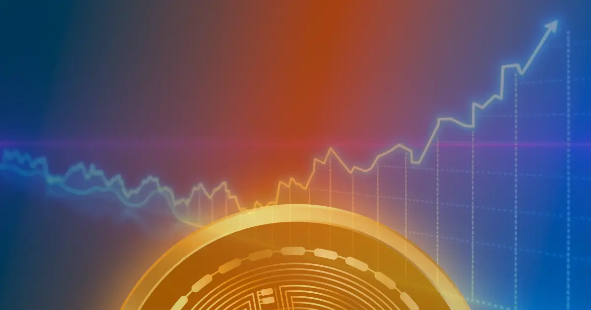 Gráfico em alta do Bitcoin com linhas de néon azul e roxo sobre fundo escuro, representando a valorização da criptomoeda.