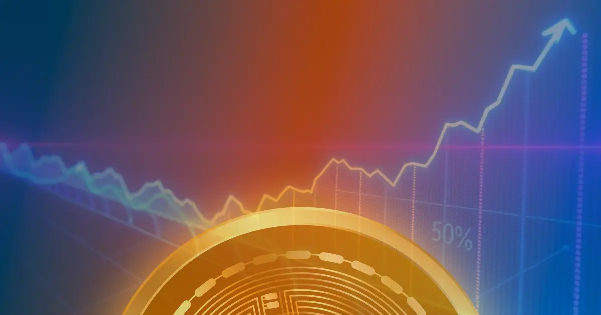 Gráfico ascendente dramático do preço do Ethereum em tons de azul e roxo neon, representando uma valorização de 50% em um fundo escuro.