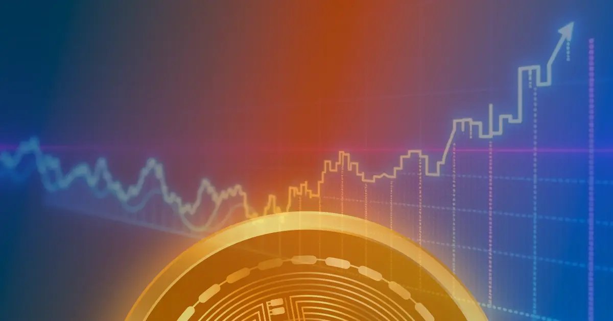 Gráfico abstrato de criptomoeda em ascensão com linhas neon azuis e roxas, representando o crescimento do Bitcoin.