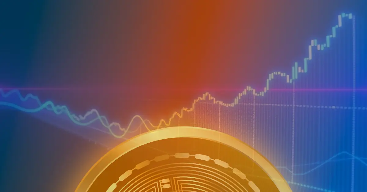 Gráfico abstrato com linhas neon ascendentes representando a valorização do Bitcoin em um fundo escuro.