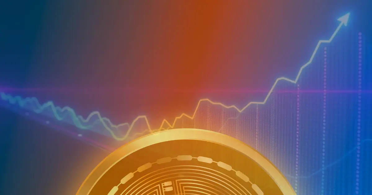 Gráfico ascendente luminoso representando a valorização do Bitcoin em meio a notícias de queda da taxa de juros.