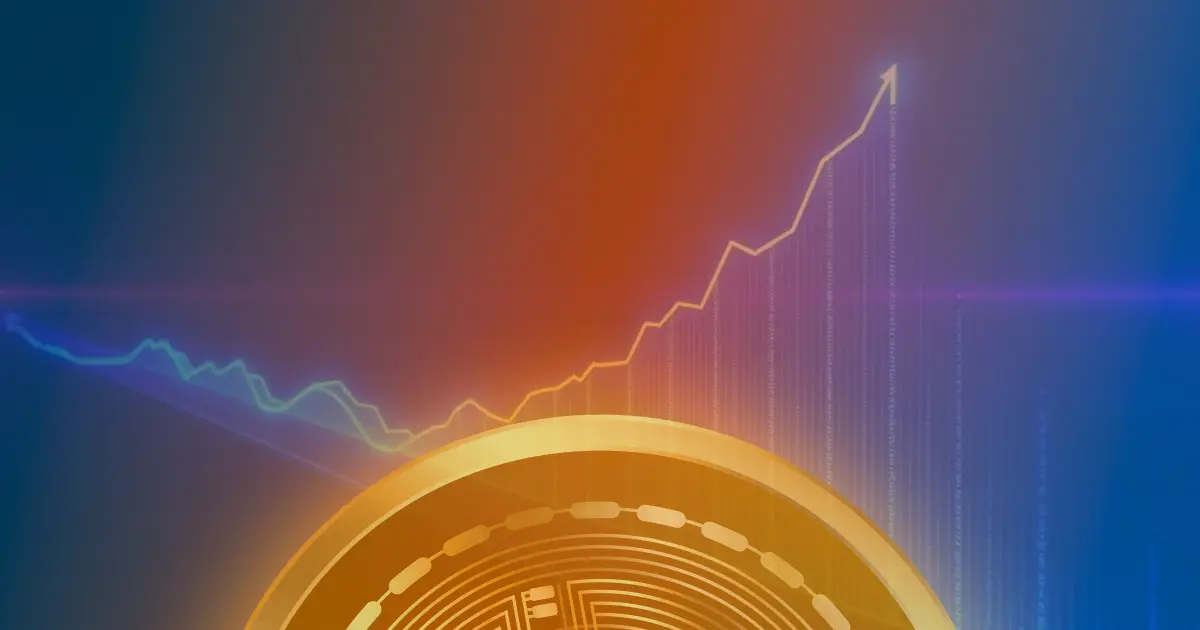 Gráfico ascendente brilhante em neon representando a forte valorização do preço do Bitcoin.