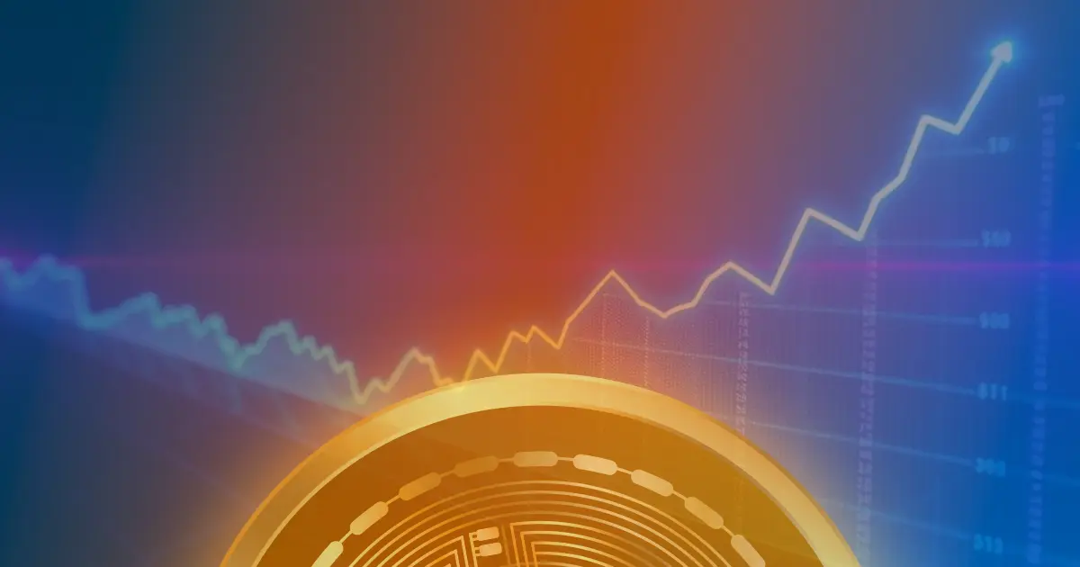 Gráfico em alta do preço do Bitcoin com cores neon vibrantes sobre fundo escuro.