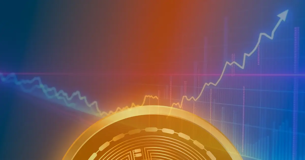 Gráfico ascendente do preço do Bitcoin com elementos visuais futuristas de criptomoeda em fundo escuro.