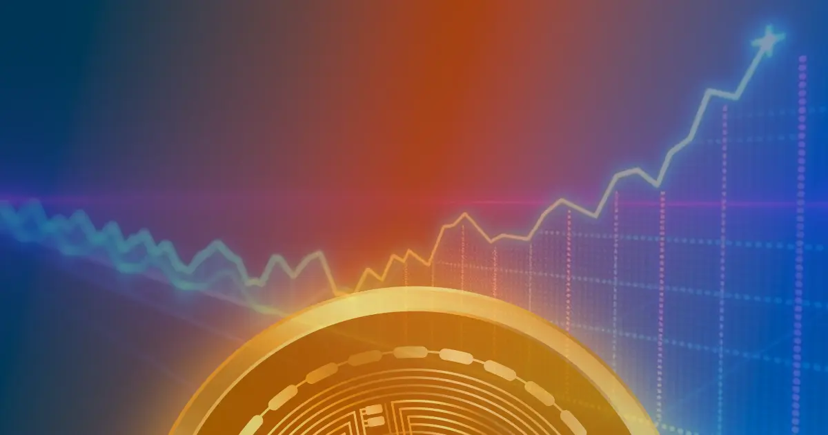 Gráfico ascendente do preço do Bitcoin em tons de azul e roxo neon, representando o conceito de criptomoeda.