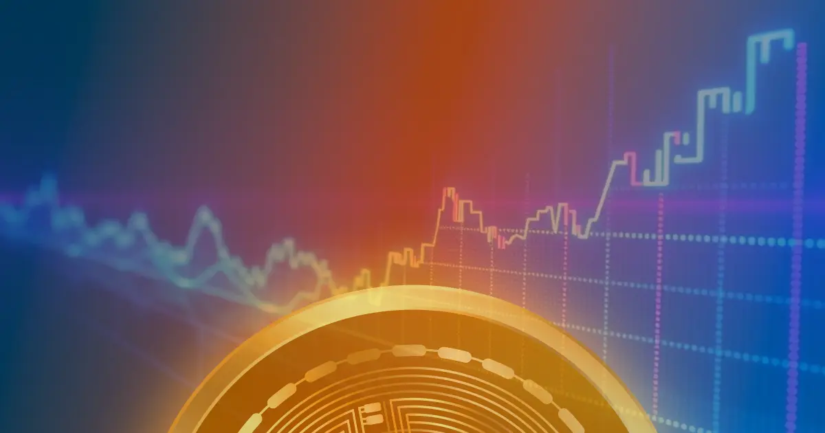 Gráfico em alta do preço do Bitcoin com trajetória ascendente em neon sobre fundo escuro, representando o conceito de criptomoeda.