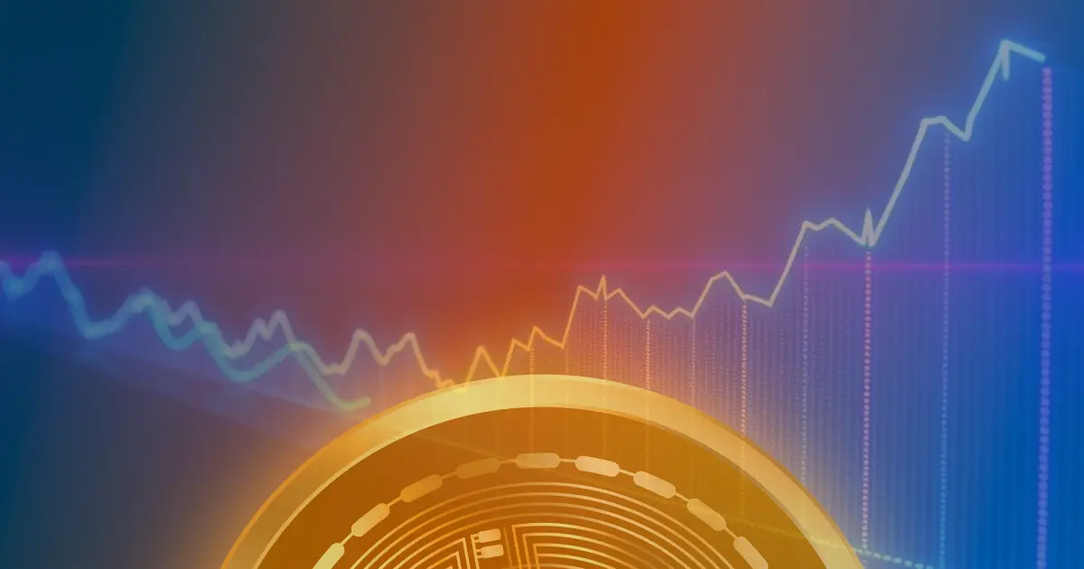 Gráfico ascendente brilhante em neon representando a valorização de 50% do Bitcoin, sobre fundo escuro com tons de azul e roxo.