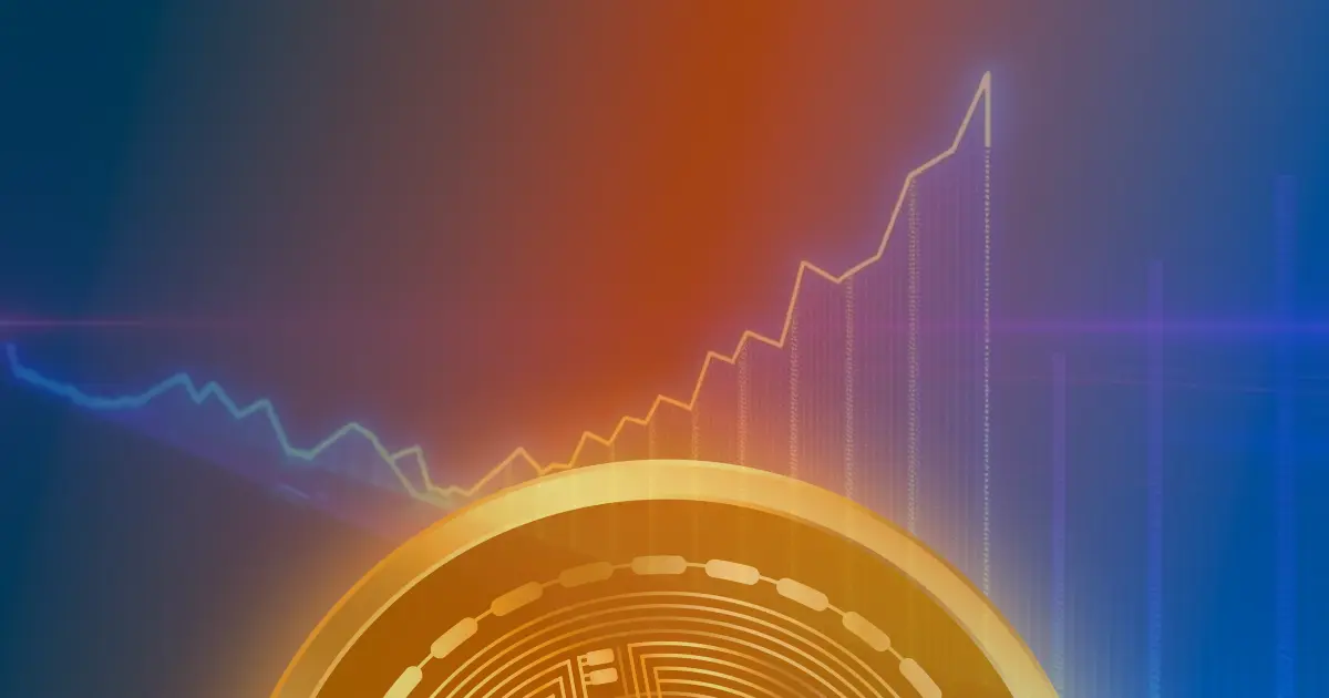 Gráfico ascendente brilhante em neon representando a forte valorização do preço do Bitcoin em um fundo escuro.