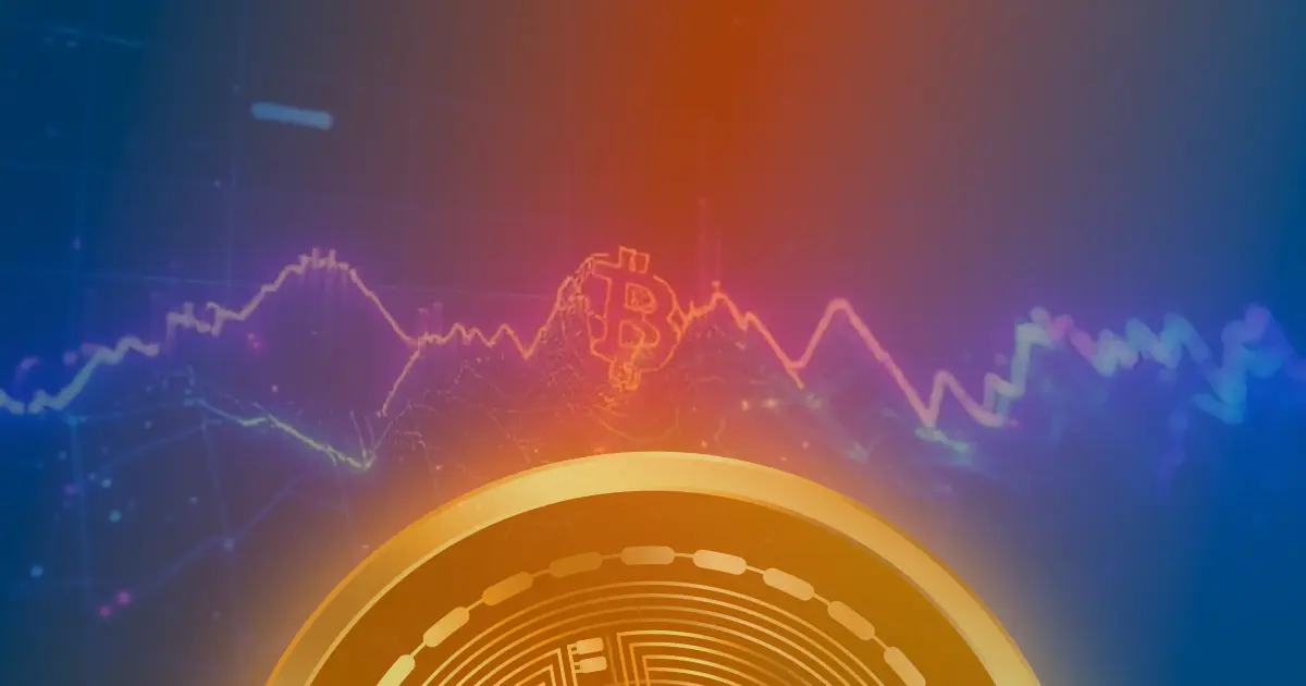 Gráfico abstrato de criptomoeda com linhas neon azuis e roxas subindo, representando a alta volatilidade do preço do Bitcoin.