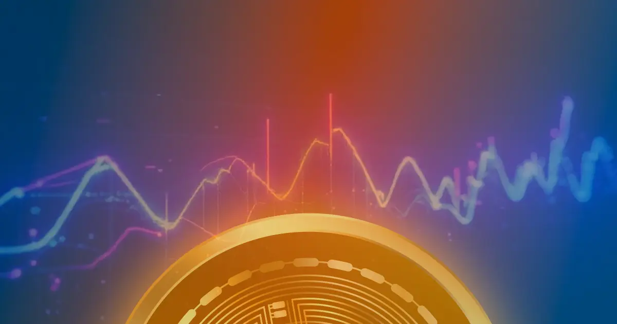 Gráfico ascendente do Bitcoin em cores neon vibrantes sobre fundo escuro, representando a alta da criptomoeda.