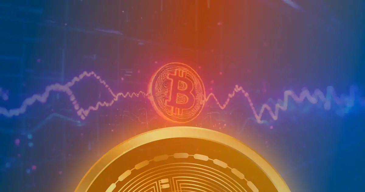 Gráfico futurista com linhas neon azul e roxo representando a valorização explosiva do preço do Bitcoin.