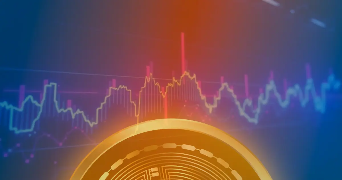 Gráfico ascendente do preço do Bitcoin em tons de azul e roxo vibrantes sobre fundo escuro.