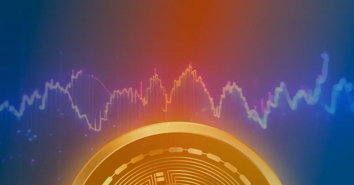 Gráfico ascendente do preço do Bitcoin em linhas de néon azul e roxo sobre fundo escuro, representando a valorização da criptomoeda.