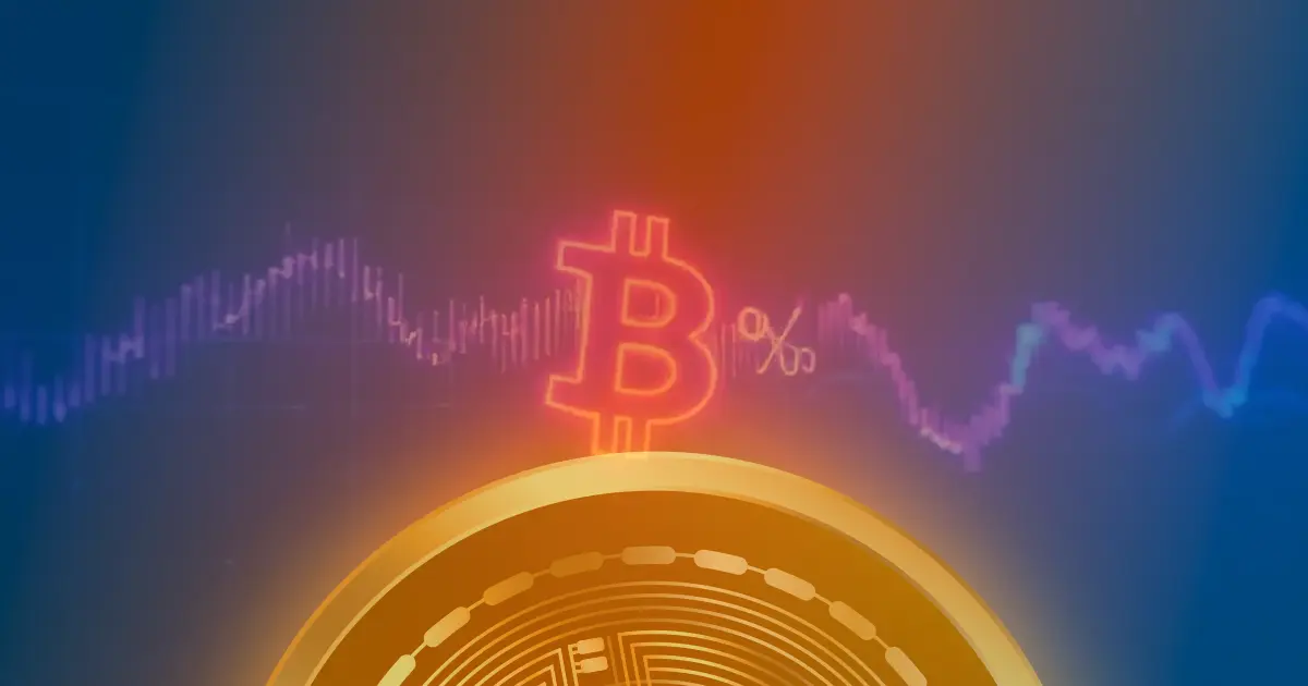 Gráfico abstrato de criptomoedas com linhas de néon azul e roxo subindo, representando a valorização do mercado.