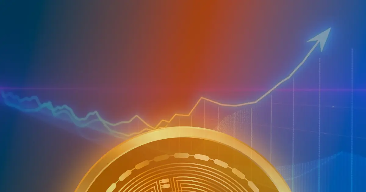 Gráfico ascendente luminoso simbolizando a valorização de 50% do Bitcoin em um fundo escuro