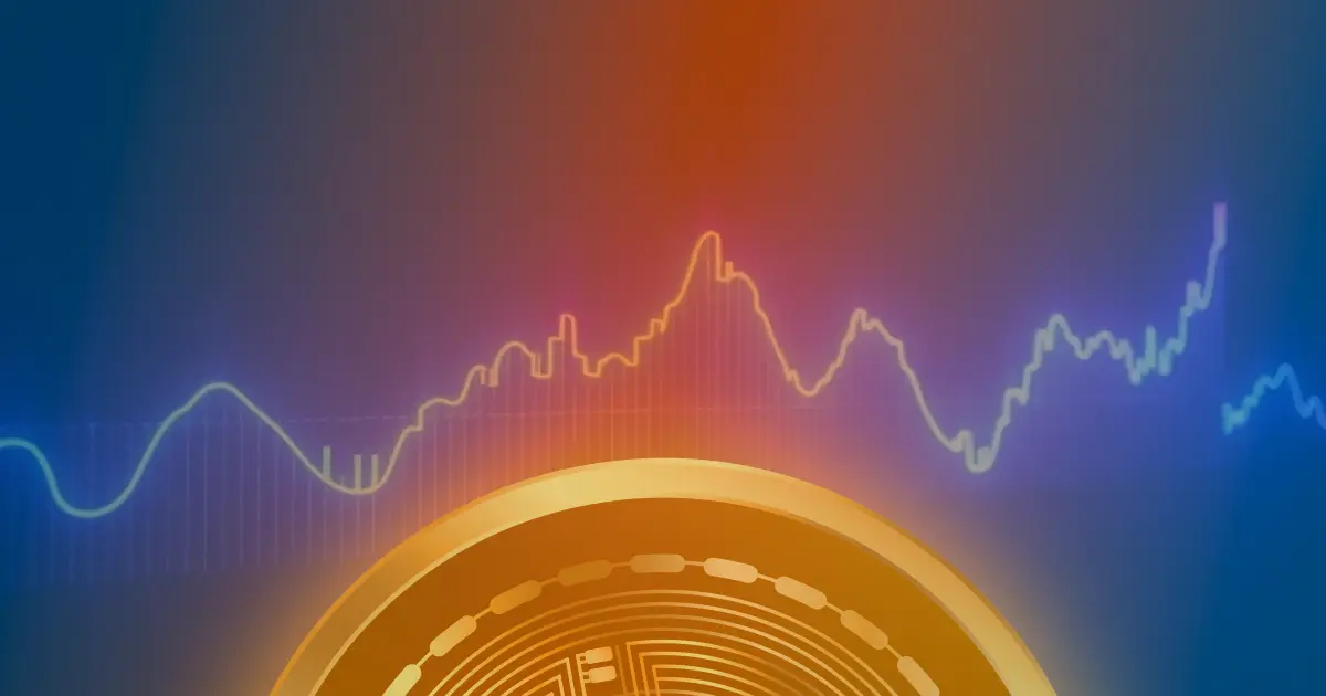 Gráfico ascendente do preço do Bitcoin em tons de azul e roxo neon, representando o conceito de criptomoeda.