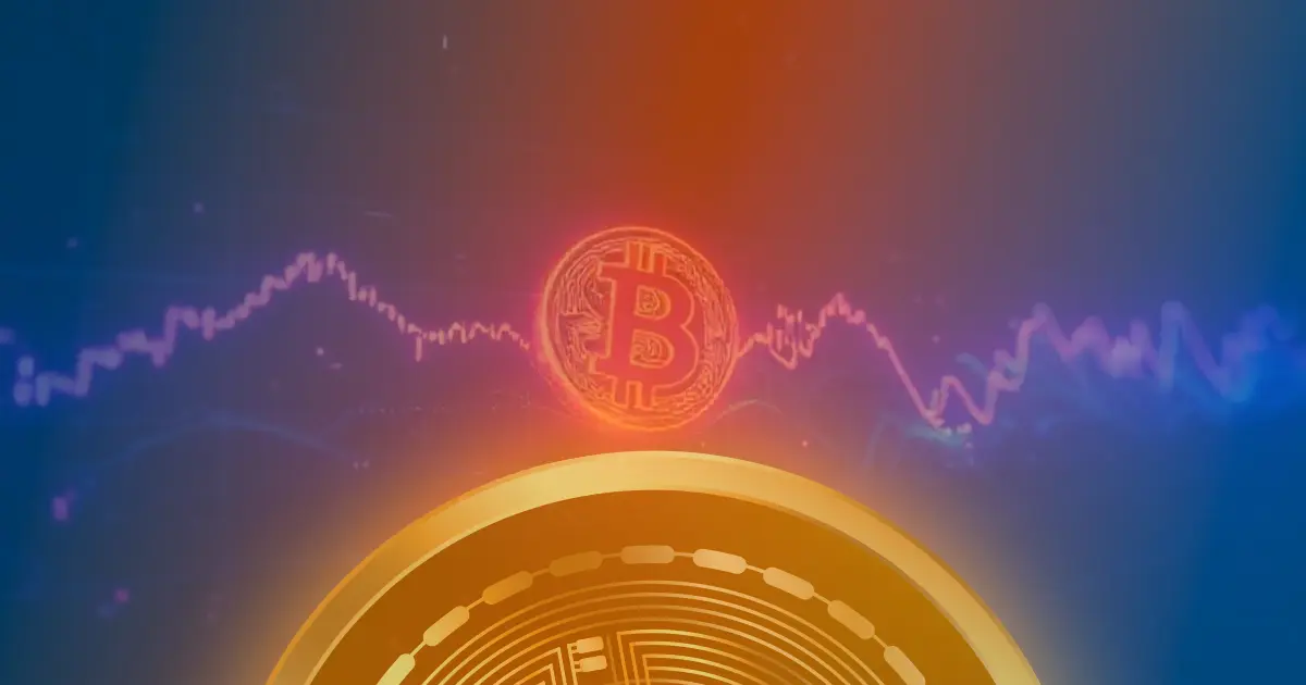 Gráfico abstrato do preço do Bitcoin em alta com linhas de neon azul e roxo sobre fundo escuro.