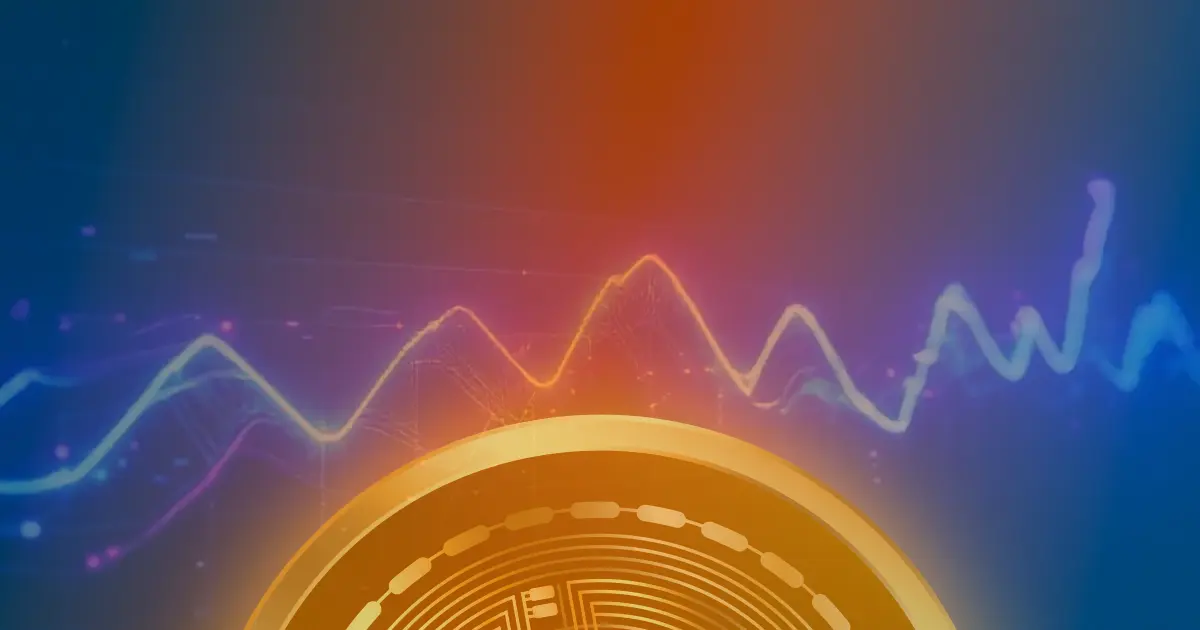 Gráfico ascendente do Bitcoin em neon contra um fundo escuro, representando a alta do preço das criptomoedas.