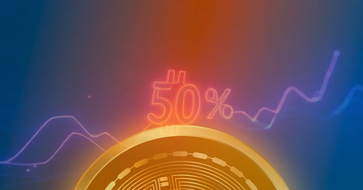 Gráfico ascendente brilhante em azul e roxo representando a alta de 50% no preço do Bitcoin, conceito de criptomoeda.