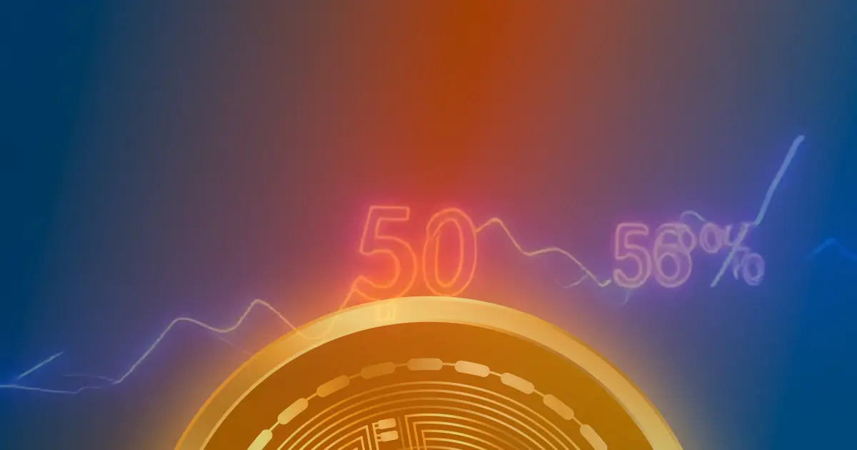 Gráfico ascendente brilhante em azul e roxo representando a valorização do preço do Bitcoin em um fundo escuro.