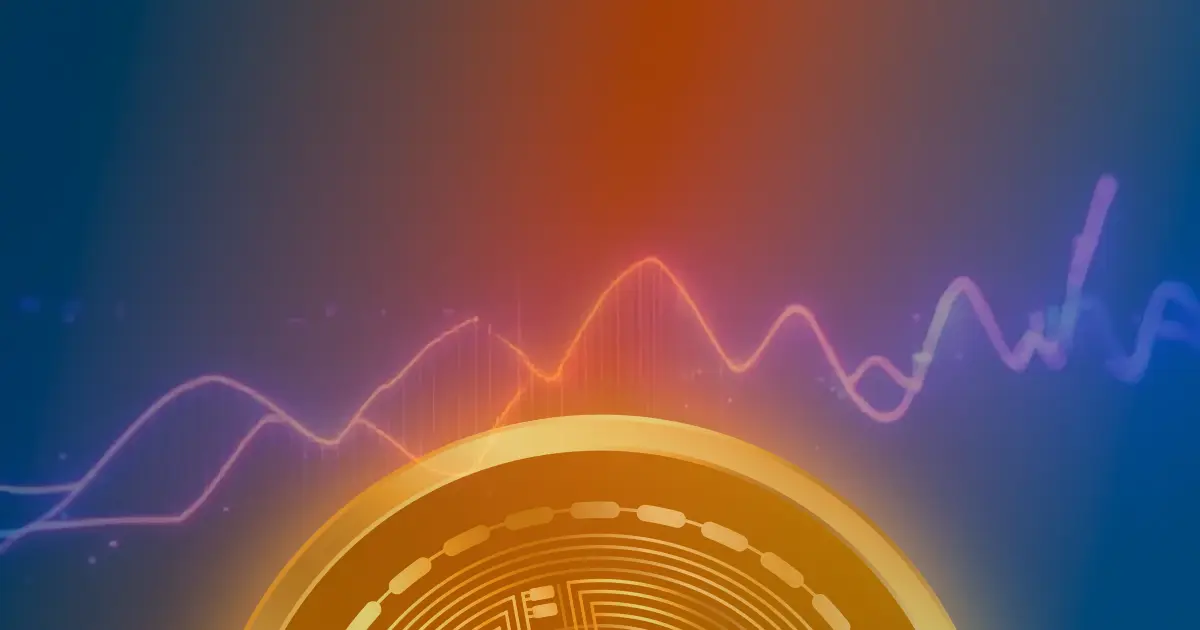 Gráfico ascendente do Bitcoin em neon sobre fundo escuro, representando a volatilidade do mercado de criptomoedas.