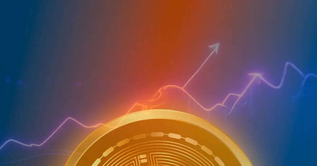 Gráfico ascendente estilizado do Bitcoin com linhas de neon azul e roxo, representando a valorização da criptomoeda e sua entrada no mercado financeiro.