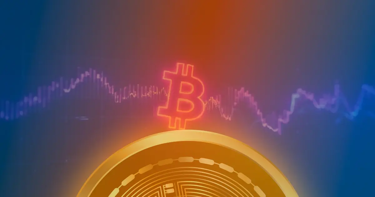 Gráfico abstrato de criptomoedas com linhas neon azul e roxo subindo, representando a valorização do Bitcoin em fundo escuro.