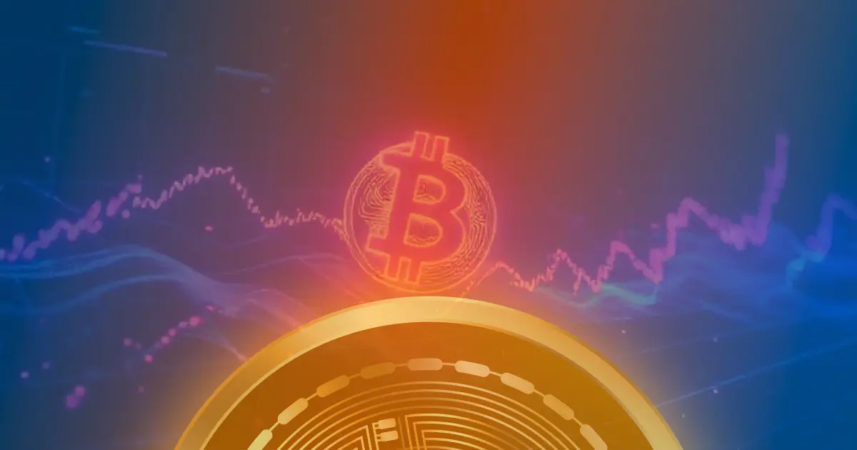 Gráfico em alta do preço do Bitcoin com elementos visuais futuristas de criptomoeda em neon azul e roxo.