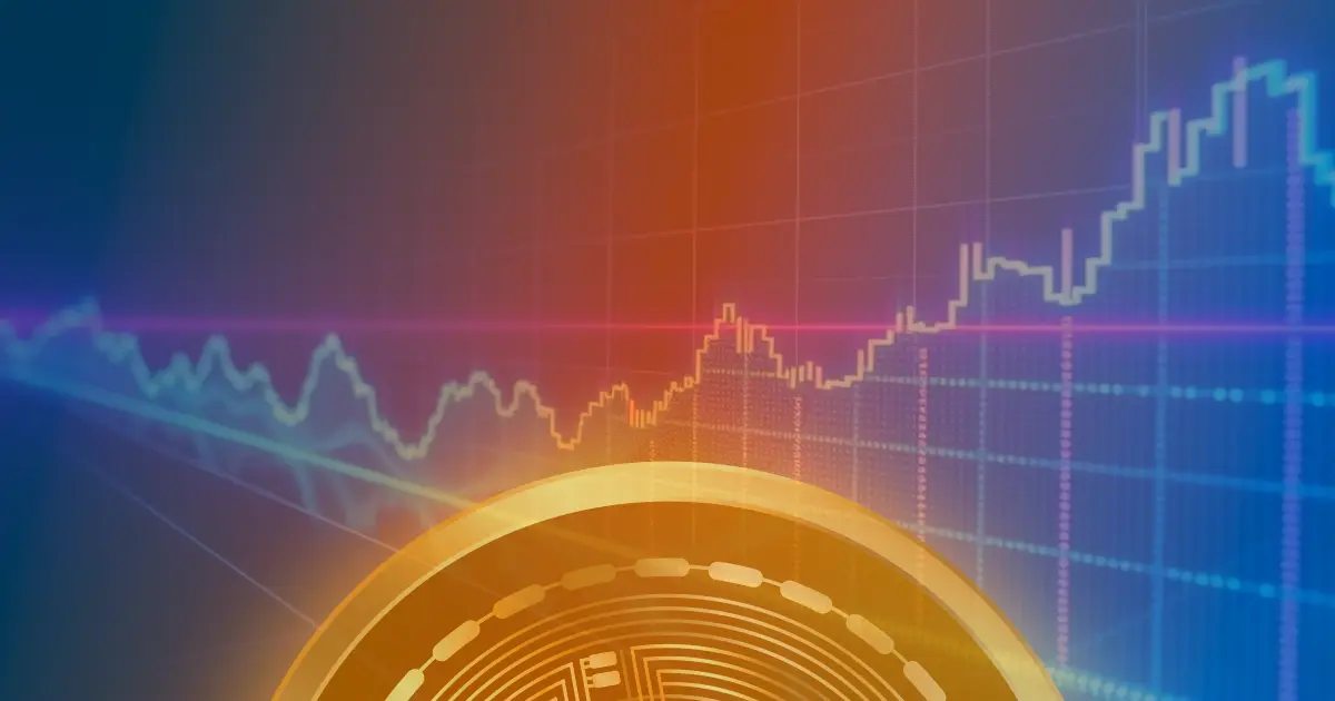 Gráfico abstrato de criptomoedas com linhas neon azuis e roxas sobre fundo escuro, representando a volatilidade do mercado.