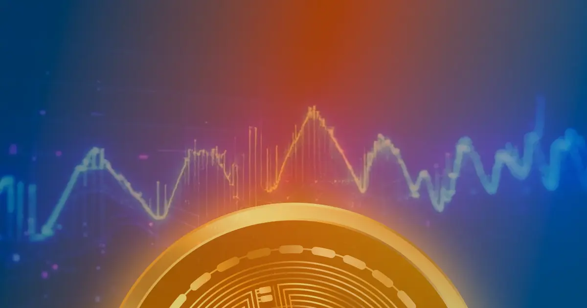 Gráfico ascendente do Bitcoin com linhas de néon azul e roxo sobre fundo escuro, representando o conceito de criptomoeda.