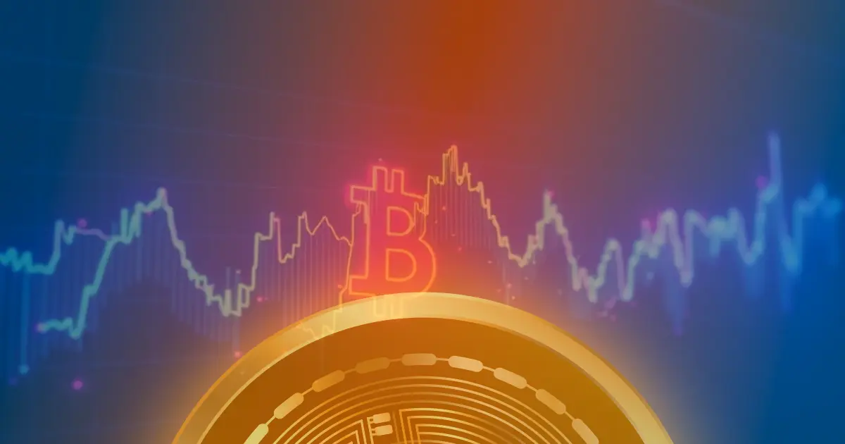 Gráfico de criptomoeda com linhas de néon azul e roxo subindo abruptamente, ilustrando um forte aumento de preço.