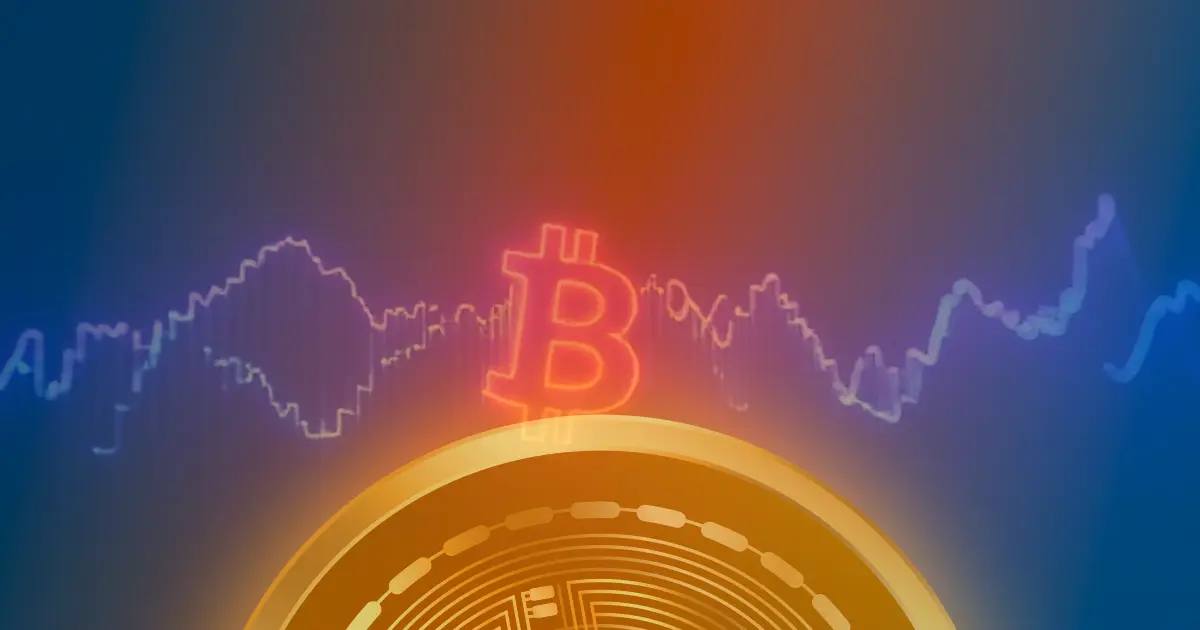 Gráfico ascendente do Bitcoin em neon sobre fundo escuro, representando alta de 50% no preço.