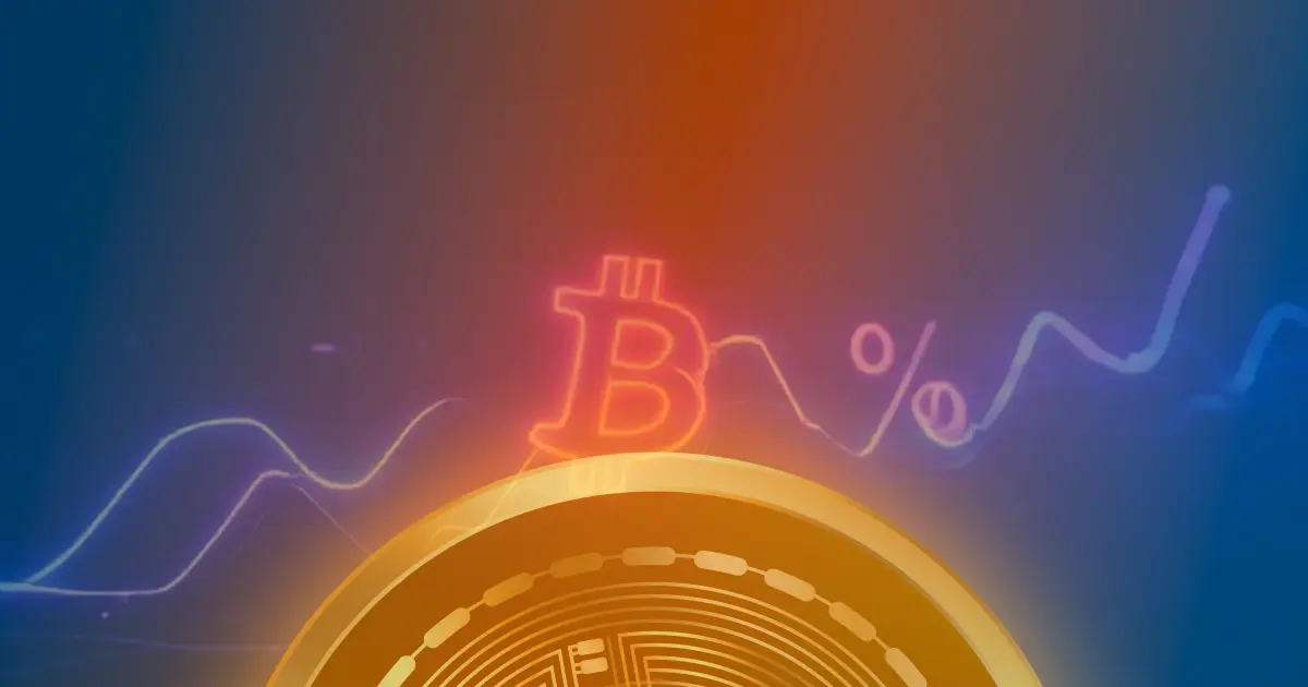 Gráfico ascendente brilhante em neon representando a alta de 50% no preço do Bitcoin, em um fundo escuro com tons de azul e roxo.