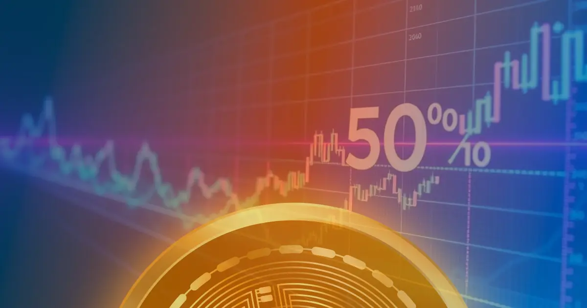 Gráfico em alta do preço do Bitcoin com elementos visuais futuristas de criptomoeda em fundo escuro.