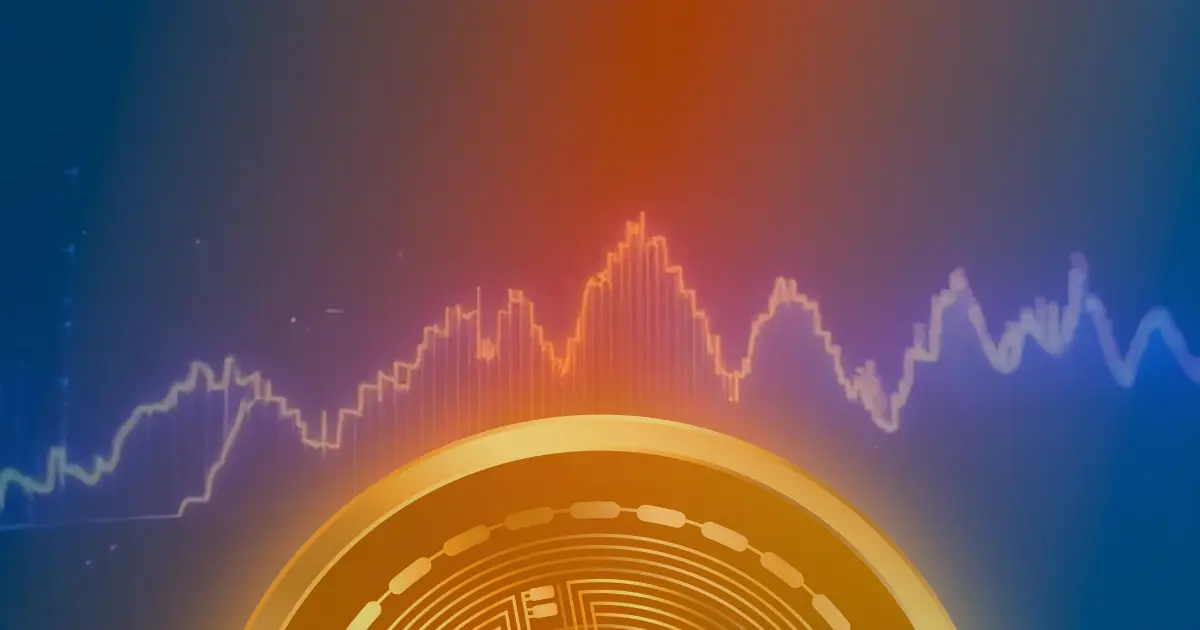 Gráfico de criptomoeda em alta com linhas de neon azul e roxo, contrastando com a queda descrita no artigo sobre o preço do Ether.