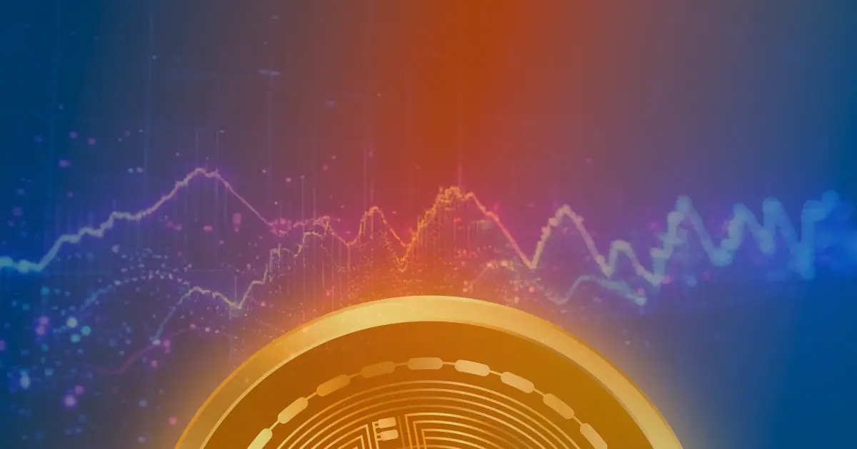 Gráfico ascendente do Bitcoin com linhas neon vibrantes e partículas digitais em fundo escuro, representando alta no preço.