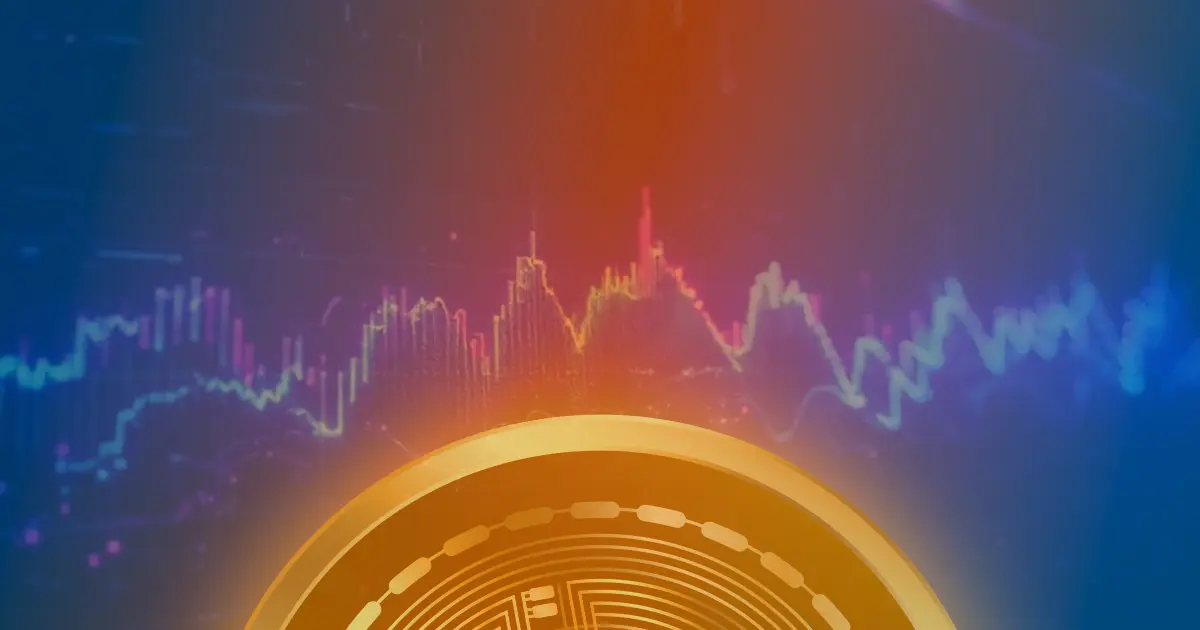 Gráfico futurista em tons de azul e roxo mostrando a alta do preço do Bitcoin e do mercado de ações.